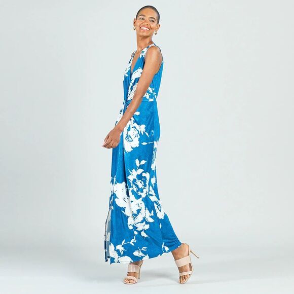 CLARA SUN WOO Crushed Silk Knit Center Slit Maxi Dress Sz M 12 Blue White Floral - Picture 14 of 15
